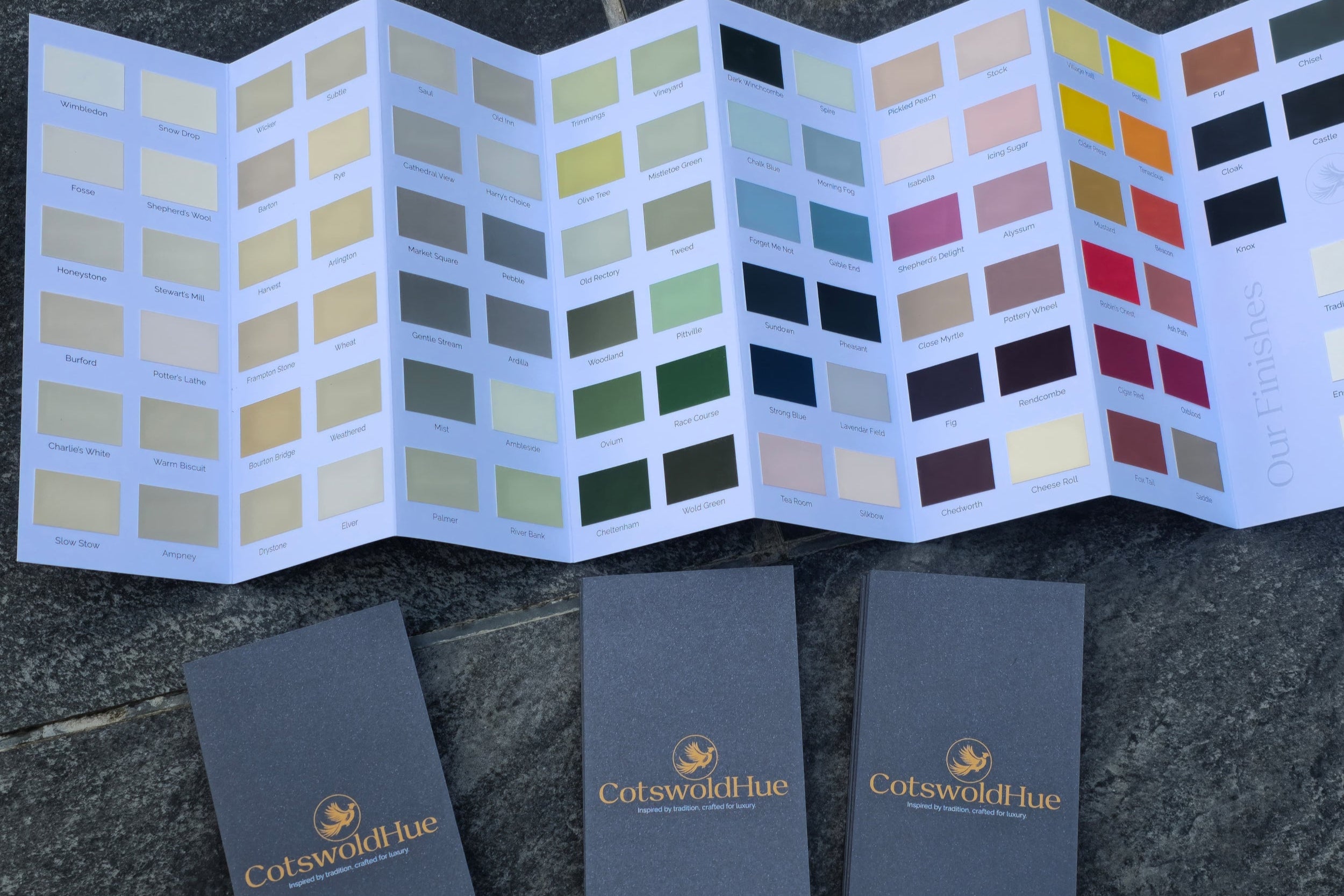 Colour card with all Cotswold hue colours available.